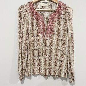 SAVANNA JANE Embroidered Snakeskin Print Peasant Blouse Metallic Boho Size Small